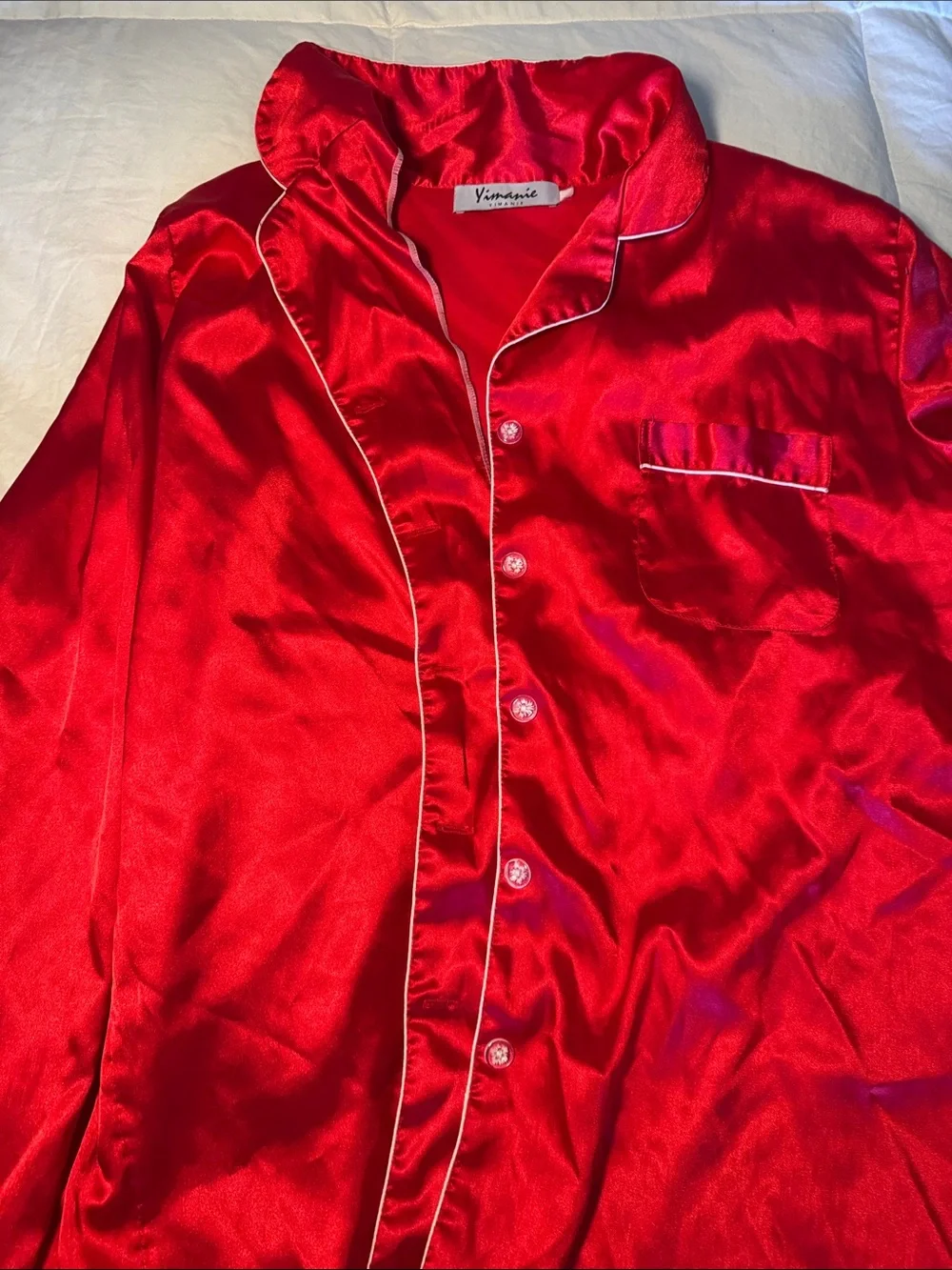 Red Satin Pajama Set - Button-Up Top & Pants